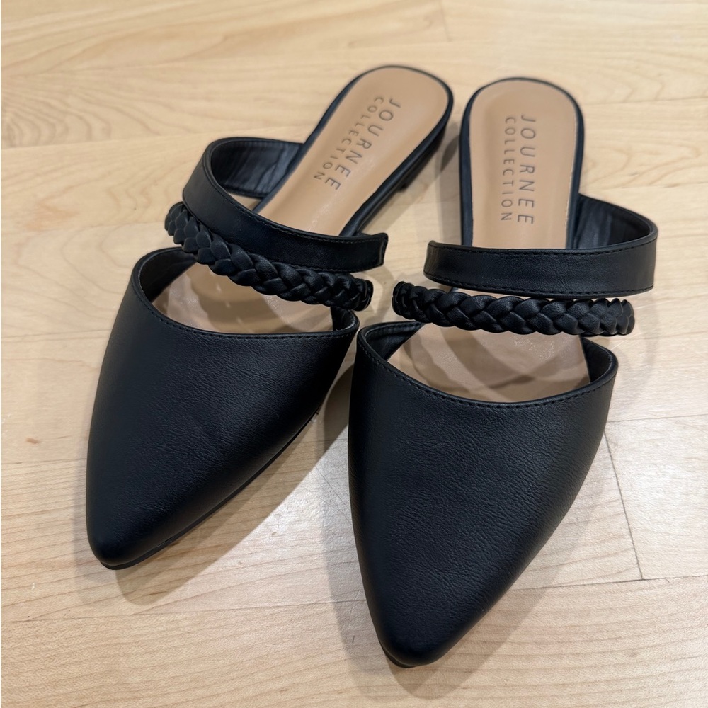 Journee Collection Black Braided Strap Pointed Mule Slides